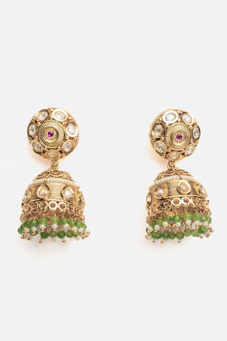 Shop Vivinia By Vidhi Mehra Gold Plated Stones, Beads Embellished Jhumka Earrings at Aza Fashions Shop_Vivinia By Vidhi Mehra_Gold Plated Stones, Beads Embellished Jhumka Earrings _at_Aza_Fashions