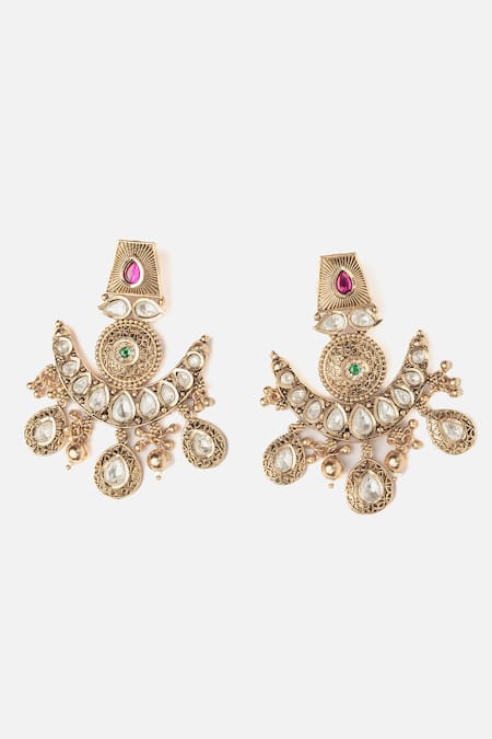 Shop Vivinia By Vidhi Mehra Gold Plated Stones Teardrop Carved Chandbali Earrings at Aza Fashions Shop_Vivinia By Vidhi Mehra_Gold Plated Stones Teardrop Carved Chandbali Earrings _at_Aza_Fashions
