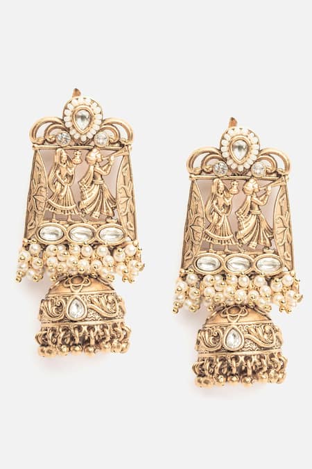 Shop Vivinia By Vidhi Mehra Gold Plated Stones Folklore Carved Jhumka Earrings at Aza Fashions Shop_Vivinia By Vidhi Mehra_Gold Plated Stones Folklore Carved Jhumka Earrings _at_Aza_Fashions