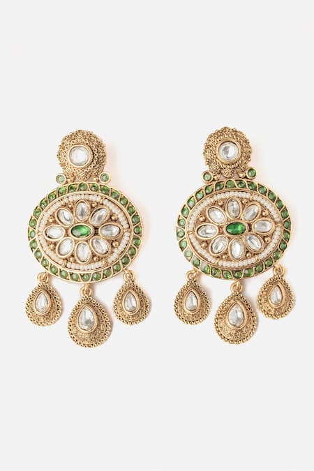Shop Vivinia By Vidhi Mehra Gold Plated Stones Floral Motif Dangler Earrings at Aza Fashions Shop_Vivinia By Vidhi Mehra_Gold Plated Stones Floral Motif Dangler Earrings _at_Aza_Fashions