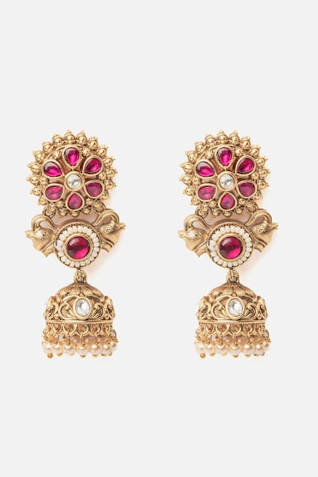 Shop Vivinia By Vidhi Mehra Gold Plated Stones And Pink Embellished Jhumkas at Aza Fashions Shop_Vivinia By Vidhi Mehra_Gold Plated Stones And Pink Embellished Jhumkas _at_Aza_Fashions