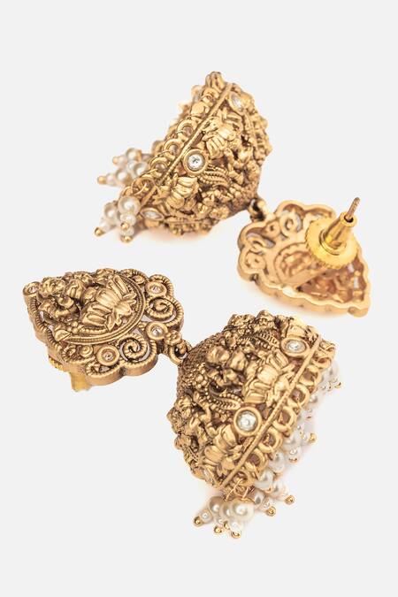 Vivinia By Vidhi Mehra_Gold Plated Stones Temple Jhumka Earrings With Goddess Carving _Online_at_Aza_Fashions