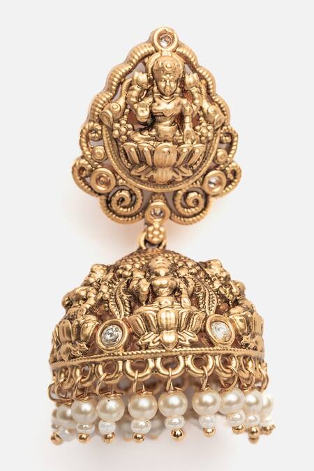 Buy_Vivinia By Vidhi Mehra_Gold Plated Stones Temple Jhumka Earrings With Goddess Carving _Online_at_Aza_Fashions