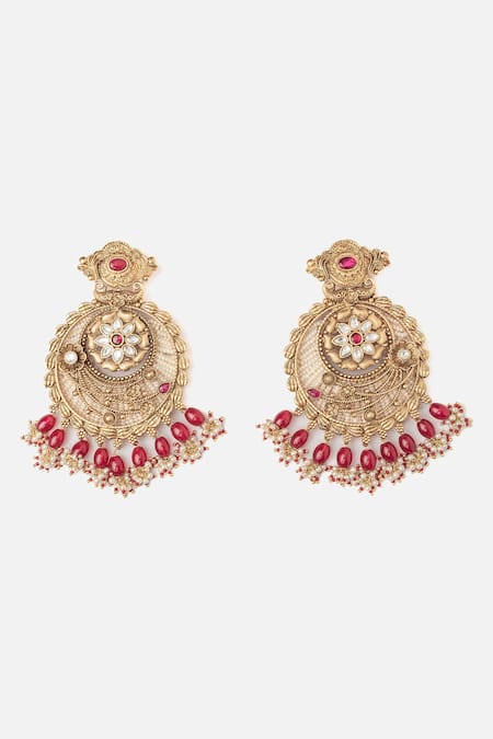 Shop Vivinia By Vidhi Mehra Gold Plated Floral Chandbalis With Pink Beads at Aza Fashions Shop_Vivinia By Vidhi Mehra_Gold Plated Floral Chandbalis With Pink Beads _at_Aza_Fashions