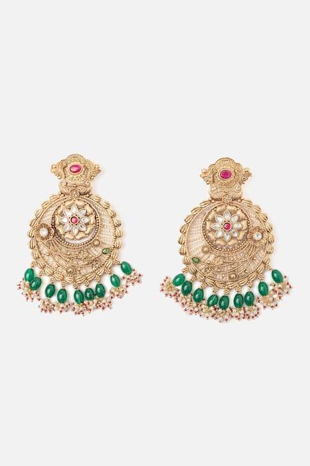 Shop Vivinia By Vidhi Mehra Gold Plated Floral Carved Chandbalis at Aza Fashions Shop_Vivinia By Vidhi Mehra_Gold Plated Floral Carved Chandbalis _at_Aza_Fashions