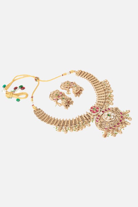 Vivinia By Vidhi Mehra Gold Plated Pearls, Stones Blossom Vine Carved Necklace Set Online at Aza Fashions Vivinia By Vidhi Mehra_Gold Plated Pearls, Stones Blossom Vine Carved Necklace Set _Online_at_Aza_Fashions
