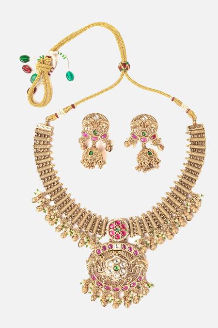 Shop Vivinia By Vidhi Mehra Gold Plated Pearls, Stones Blossom Vine Carved Necklace Set at Aza Fashions Shop_Vivinia By Vidhi Mehra_Gold Plated Pearls, Stones Blossom Vine Carved Necklace Set _at_Aza_Fashions