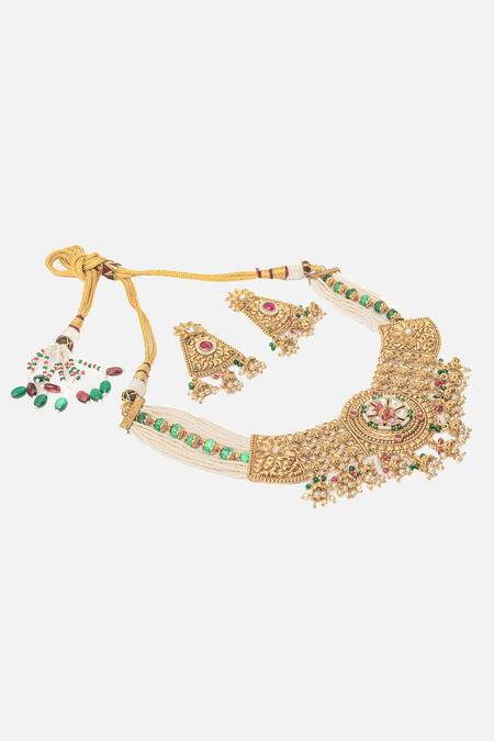 Vivinia By Vidhi Mehra_Gold Plated Pearls, Stones Ornate Blossom Choker Necklace Set _Online_at_Aza_Fashions