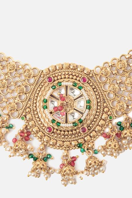 Shop_Vivinia By Vidhi Mehra_Gold Plated Pearls, Stones Ornate Blossom Choker Necklace Set _Online_at_Aza_Fashions