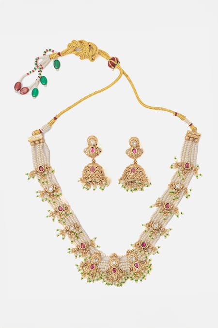 Shop Vivinia By Vidhi Mehra Gold Plated Pearls, Stones Ornate Crest Necklace Set at Aza Fashions Shop_Vivinia By Vidhi Mehra_Gold Plated Pearls, Stones Ornate Crest Necklace Set _at_Aza_Fashions