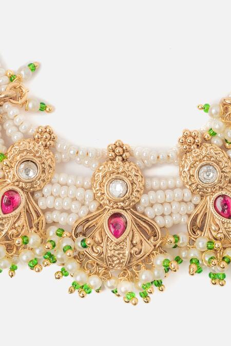 Shop Vivinia By Vidhi Mehra Gold Plated Pearls, Stones Ornate Crest Necklace Set Online at Aza Fashions Shop_Vivinia By Vidhi Mehra_Gold Plated Pearls, Stones Ornate Crest Necklace Set _Online_at_Aza_Fashions