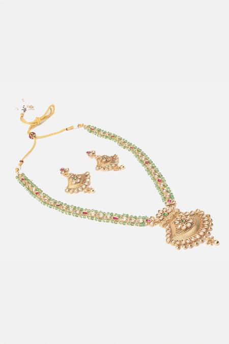 Vivinia By Vidhi Mehra_Gold Plated Stones, Beads And Green Necklace Set _Online_at_Aza_Fashions