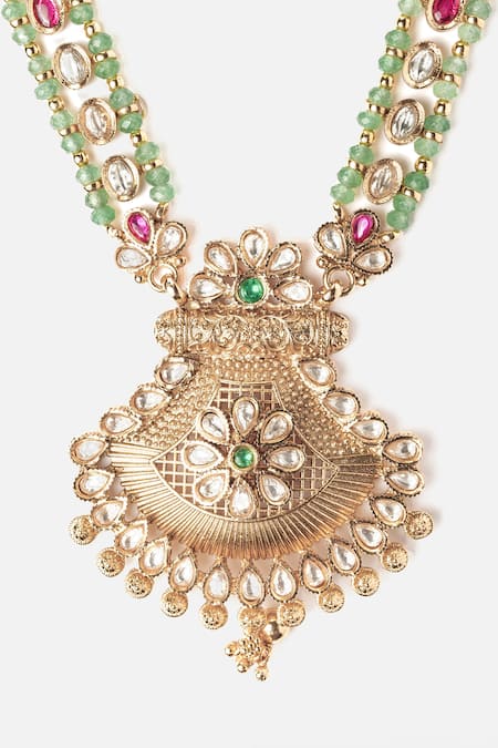 Shop_Vivinia By Vidhi Mehra_Gold Plated Stones, Beads And Green Necklace Set _Online_at_Aza_Fashions