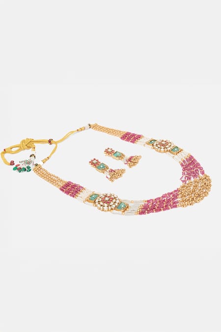 Shop_Vivinia By Vidhi Mehra_Gold Plated Stones, Beads Layered And Necklace Set _Online_at_Aza_Fashions
