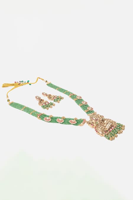 Vivinia By Vidhi Mehra_Gold Plated Stones, Beads And Green Temple Necklace Set _Online_at_Aza_Fashions