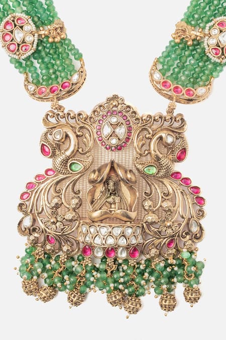 Buy_Vivinia By Vidhi Mehra_Gold Plated Stones, Beads And Green Temple Necklace Set _Online_at_Aza_Fashions