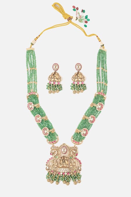 Shop_Vivinia By Vidhi Mehra_Gold Plated Stones, Beads And Green Temple Necklace Set _at_Aza_Fashions