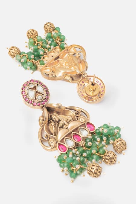 Shop_Vivinia By Vidhi Mehra_Gold Plated Stones, Beads And Green Temple Necklace Set _Online_at_Aza_Fashions