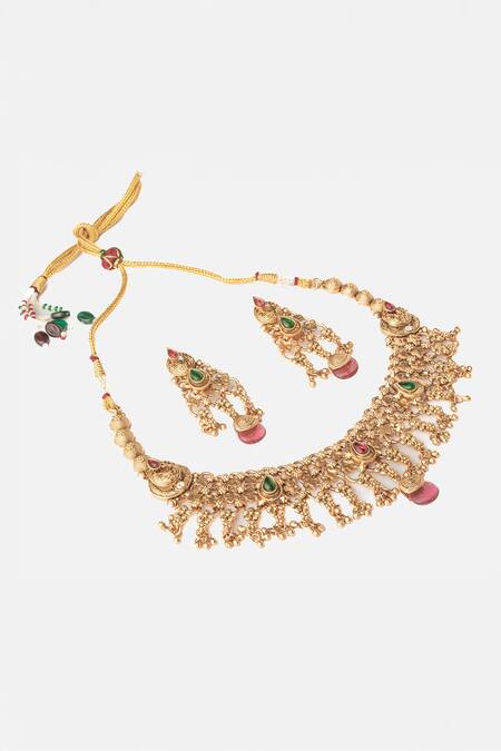 Vivinia By Vidhi Mehra_Gold Plated Stones, Beads Phool Vine Necklace Set _Online_at_Aza_Fashions