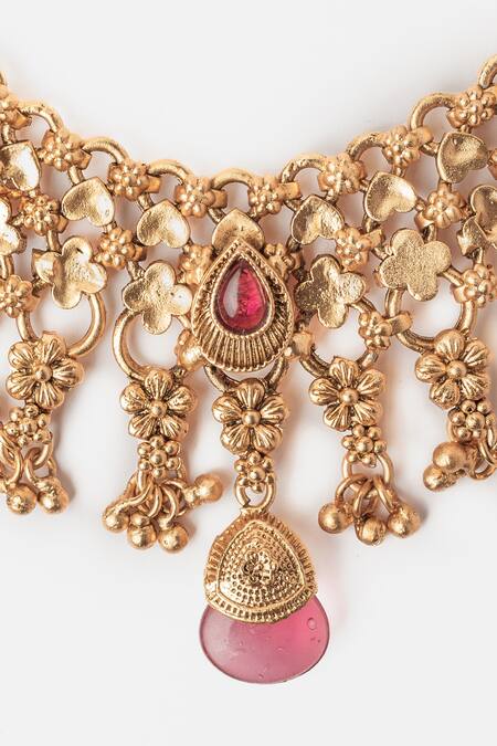 Buy_Vivinia By Vidhi Mehra_Gold Plated Stones, Beads Phool Vine Necklace Set _Online_at_Aza_Fashions