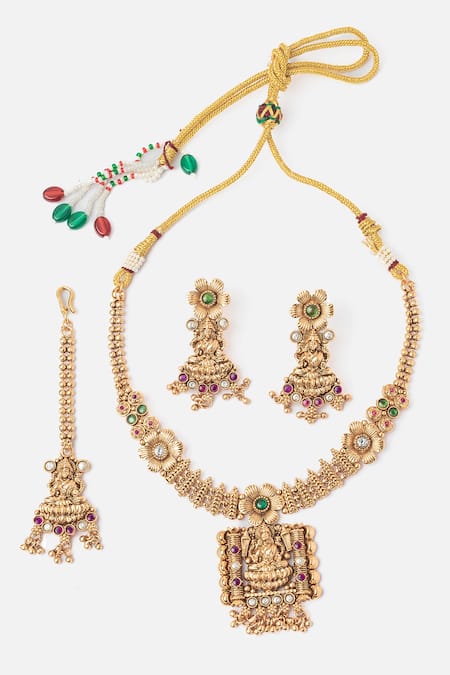 Shop_Vivinia By Vidhi Mehra_Gold Plated Stones, Beads Temple Jewellery Set _at_Aza_Fashions