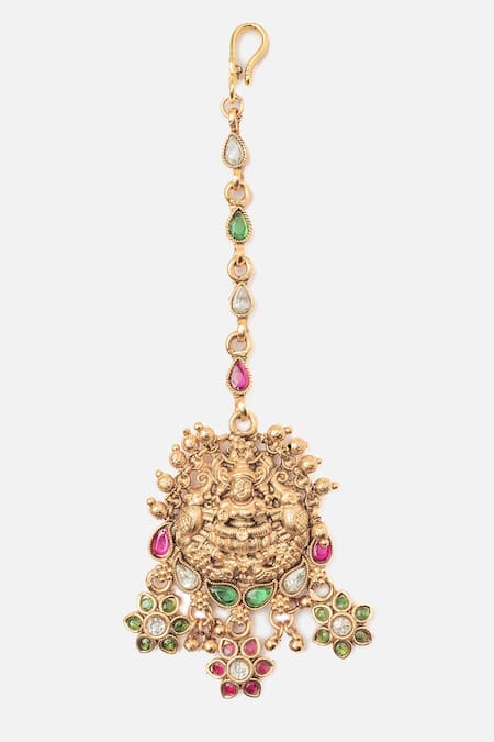 Vivinia By Vidhi Mehra_Gold Plated Stones Carved Temple Jewellery Set _Online_at_Aza_Fashions