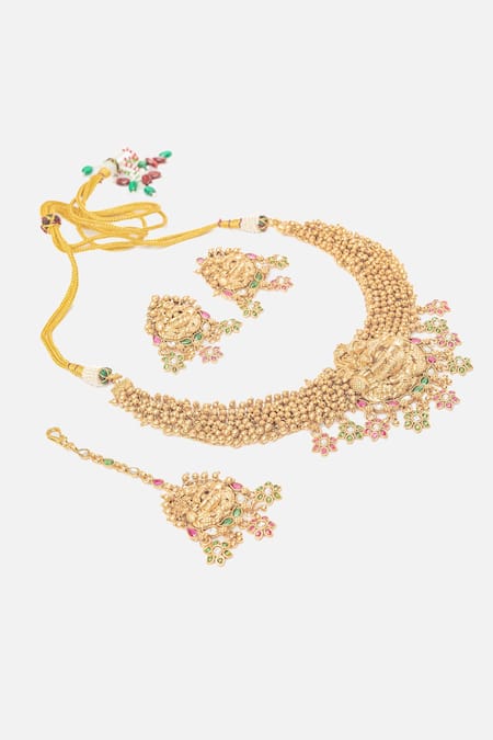 Buy_Vivinia By Vidhi Mehra_Gold Plated Stones Carved Temple Jewellery Set _Online_at_Aza_Fashions
