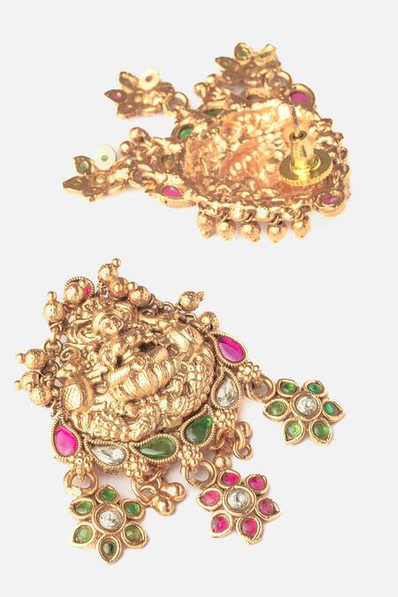Shop_Vivinia By Vidhi Mehra_Gold Plated Stones Carved Temple Jewellery Set _Online_at_Aza_Fashions