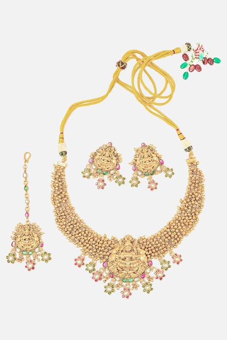 Shop_Vivinia By Vidhi Mehra_Gold Plated Stones Carved Temple Jewellery Set _at_Aza_Fashions