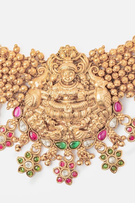 Vivinia By Vidhi Mehra_Gold Plated Stones Carved Temple Jewellery Set _at_Aza_Fashions