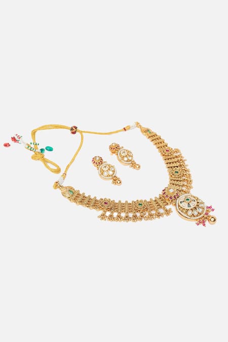 Vivinia By Vidhi Mehra Gold Plated Stones Floral Carved Necklace Set Online at Aza Fashions Vivinia By Vidhi Mehra_Gold Plated Stones Floral Carved Necklace Set _Online_at_Aza_Fashions