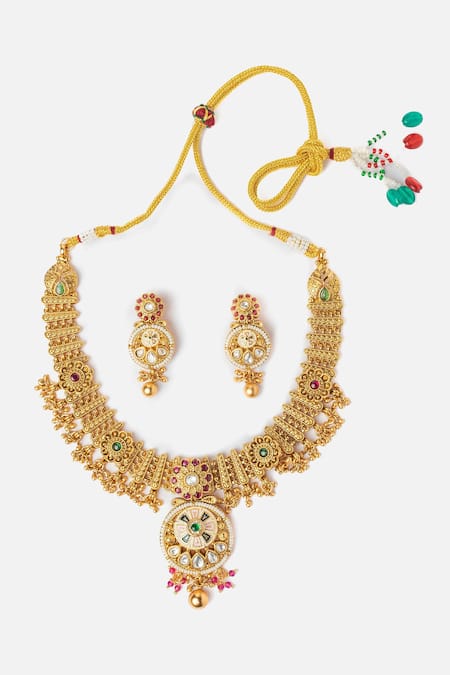 Shop Vivinia By Vidhi Mehra Gold Plated Stones Floral Carved Necklace Set at Aza Fashions Shop_Vivinia By Vidhi Mehra_Gold Plated Stones Floral Carved Necklace Set _at_Aza_Fashions