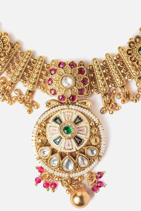 Shop Vivinia By Vidhi Mehra Gold Plated Stones Floral Carved Necklace Set Online at Aza Fashions Shop_Vivinia By Vidhi Mehra_Gold Plated Stones Floral Carved Necklace Set _Online_at_Aza_Fashions