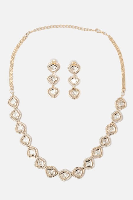 Shop_Vivinia By Vidhi Mehra_Gold Plated Stones Heart Design Necklace Set _at_Aza_Fashions