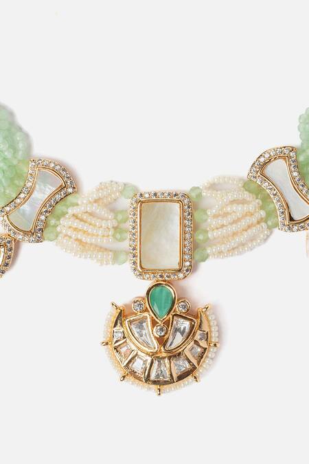 Shop Vivinia By Vidhi Mehra Gold Plated Pearls, Stones, Beads Crescent Dew Necklace Set Online at Aza Fashions Shop_Vivinia By Vidhi Mehra_Gold Plated Pearls, Stones, Beads Crescent Dew Necklace Set _Online_at_Aza_Fashions