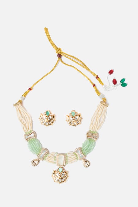 Shop Vivinia By Vidhi Mehra Gold Plated Pearls, Stones, Beads Crescent Dew Necklace Set at Aza Fashions Shop_Vivinia By Vidhi Mehra_Gold Plated Pearls, Stones, Beads Crescent Dew Necklace Set _at_Aza_Fashions