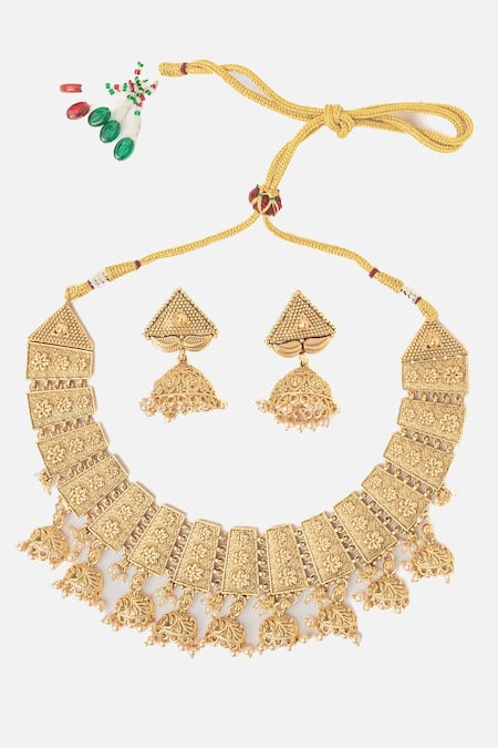 Shop Vivinia By Vidhi Mehra Gold Plated Stones Phool Vine Carved Necklace Set at Aza Fashions Shop_Vivinia By Vidhi Mehra_Gold Plated Stones Phool Vine Carved Necklace Set _at_Aza_Fashions