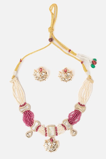 Shop Vivinia By Vidhi Mehra Gold Plated Pearls, Stones, Beads Crescent Necklace Set at Aza Fashions Shop_Vivinia By Vidhi Mehra_Gold Plated Pearls, Stones, Beads Crescent Necklace Set _at_Aza_Fashions