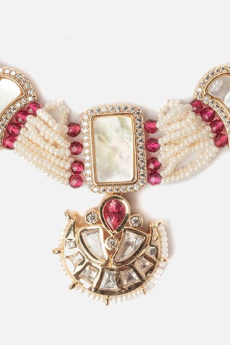 Shop Vivinia By Vidhi Mehra Gold Plated Pearls, Stones, Beads Crescent Necklace Set Online at Aza Fashions Shop_Vivinia By Vidhi Mehra_Gold Plated Pearls, Stones, Beads Crescent Necklace Set _Online_at_Aza_Fashions