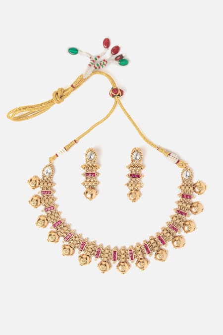 Shop Vivinia By Vidhi Mehra Gold Plated Pearls, Stones, Beads And Pink Embellished Necklace Set at Aza Fashions Shop_Vivinia By Vidhi Mehra_Gold Plated Pearls, Stones, Beads And Pink Embellished Necklace Set _at_Aza_Fashions
