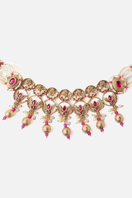 Shop Vivinia By Vidhi Mehra Gold Plated Pearls, Stones, Beads Padma Motif Necklace Set Online at Aza Fashions Shop_Vivinia By Vidhi Mehra_Gold Plated Pearls, Stones, Beads Padma Motif Necklace Set_Online_at_Aza_Fashions