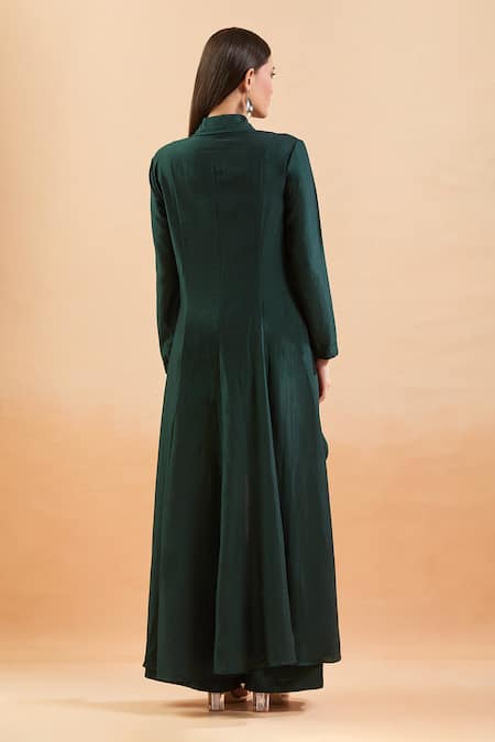 Shop Aakaar Green Silk Cut Work Collared Cutdana Embroidered Asymmetric Tunic Set at Aza Fashions Shop_Aakaar_Green Silk Cut Work Collared Cutdana Embroidered Asymmetric Tunic Set_at_Aza_Fashions