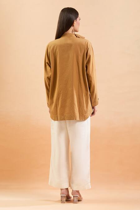 Shop Nidzign Couture Brown High Neck Ruffle Shirt at Aza Fashions Shop_Nidzign Couture_Brown High Neck Ruffle Shirt_at_Aza_Fashions