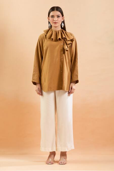 Nidzign Couture Brown High Neck Ruffle Shirt Online at Aza Fashions Nidzign Couture_Brown High Neck Ruffle Shirt_Online_at_Aza_Fashions
