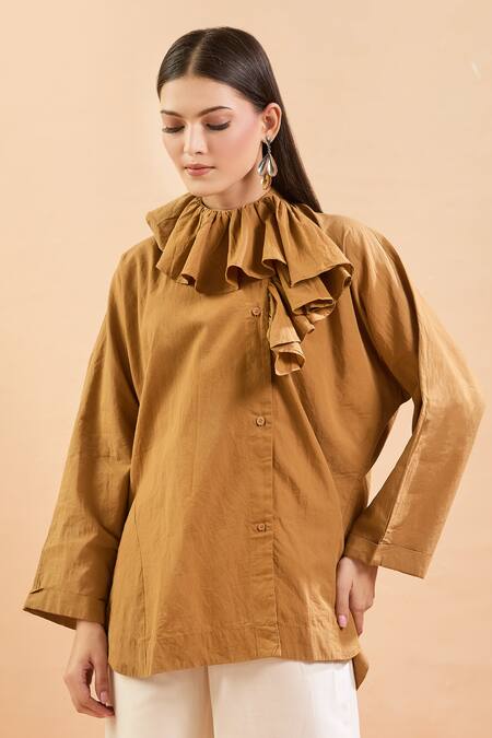 Buy Nidzign Couture Brown High Neck Ruffle Shirt Online at Aza Fashions Buy_Nidzign Couture_Brown High Neck Ruffle Shirt_Online_at_Aza_Fashions