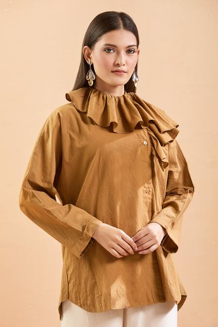 Shop Nidzign Couture Brown High Neck Ruffle Shirt Online at Aza Fashions Shop_Nidzign Couture_Brown High Neck Ruffle Shirt_Online_at_Aza_Fashions