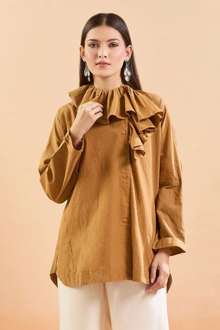 Nidzign Couture Brown High Neck Ruffle Shirt at Aza Fashions Nidzign Couture_Brown High Neck Ruffle Shirt_at_Aza_Fashions