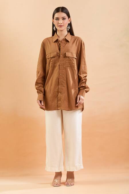 Runit Gupta Brown Cotton Collared Pintucked Patch Pocket Shirt Online at Aza Fashions Runit Gupta_Brown Cotton Collared Pintucked Patch Pocket Shirt _Online_at_Aza_Fashions
