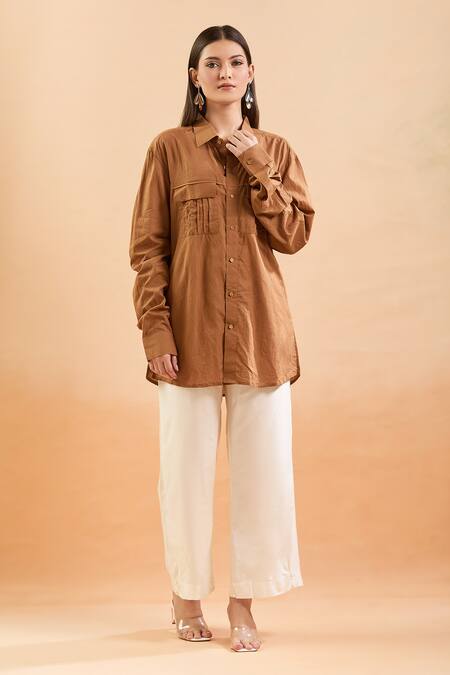 Buy Runit Gupta Brown Cotton Collared Pintucked Patch Pocket Shirt Online at Aza Fashions Buy_Runit Gupta_Brown Cotton Collared Pintucked Patch Pocket Shirt _Online_at_Aza_Fashions