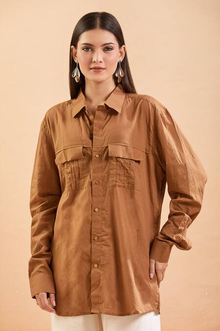 Shop Runit Gupta Brown Cotton Collared Pintucked Patch Pocket Shirt Online at Aza Fashions Shop_Runit Gupta_Brown Cotton Collared Pintucked Patch Pocket Shirt _Online_at_Aza_Fashions